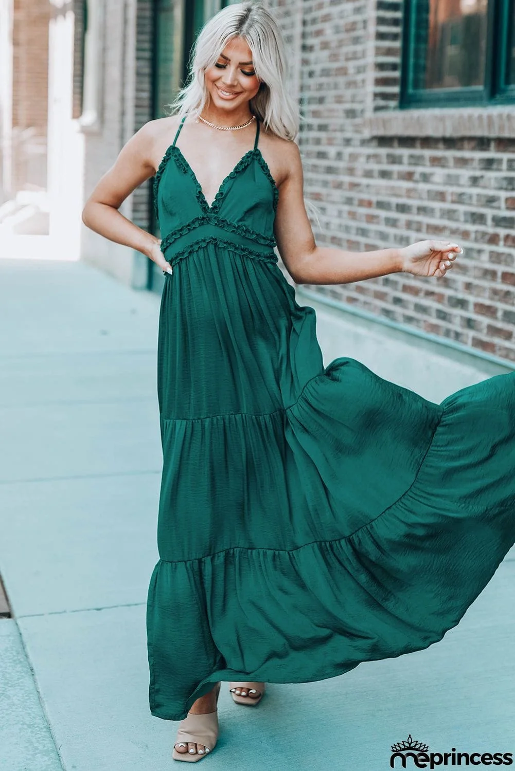 Cross Back Frilled Sleeveless Tiered Maxi Dress