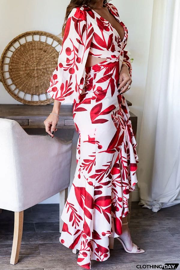 Ready for A Formal Night Tie Dye Print Gorgeous Ruffles Backless Slit Maxi Dress