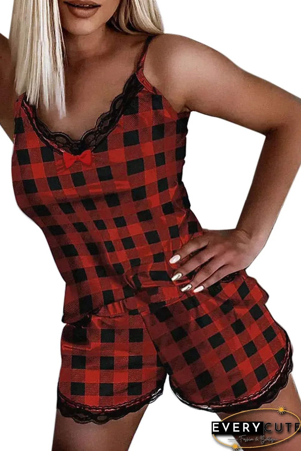 Red Plaid Lace Trim Tank Top and Shorts Lounge Set