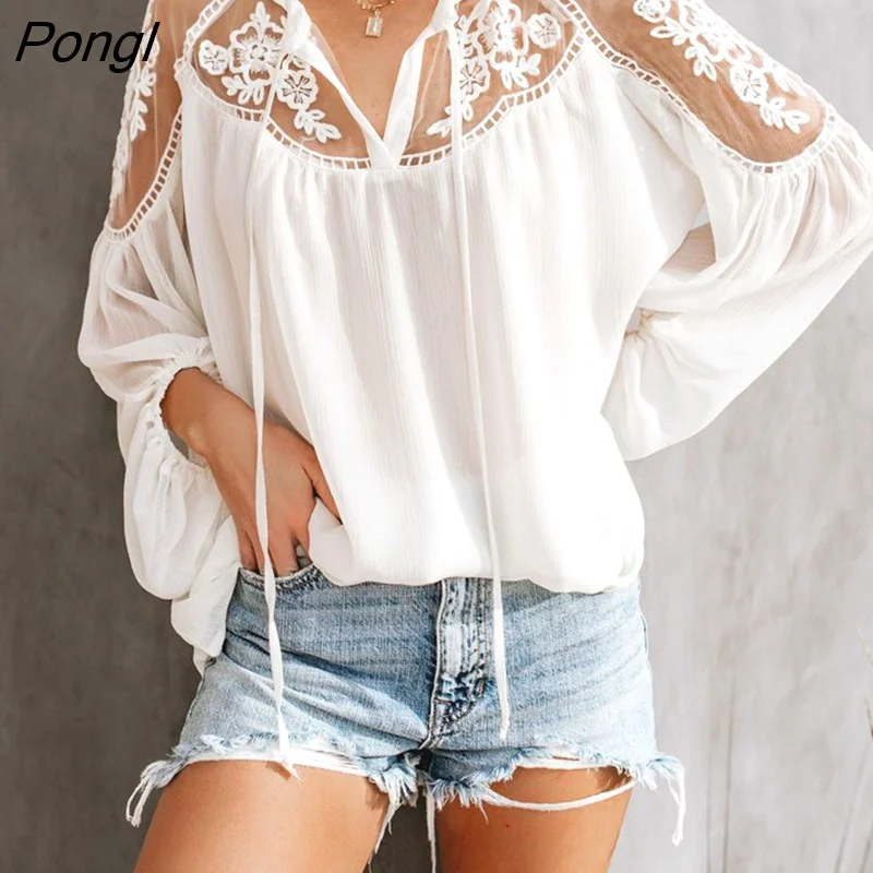 Pongl Solid Color Chiffon Sexy Plus Size Shirts Loose V-neck Lace Hollow Out Embroidery Blouses Korean Fashion Women Clothing