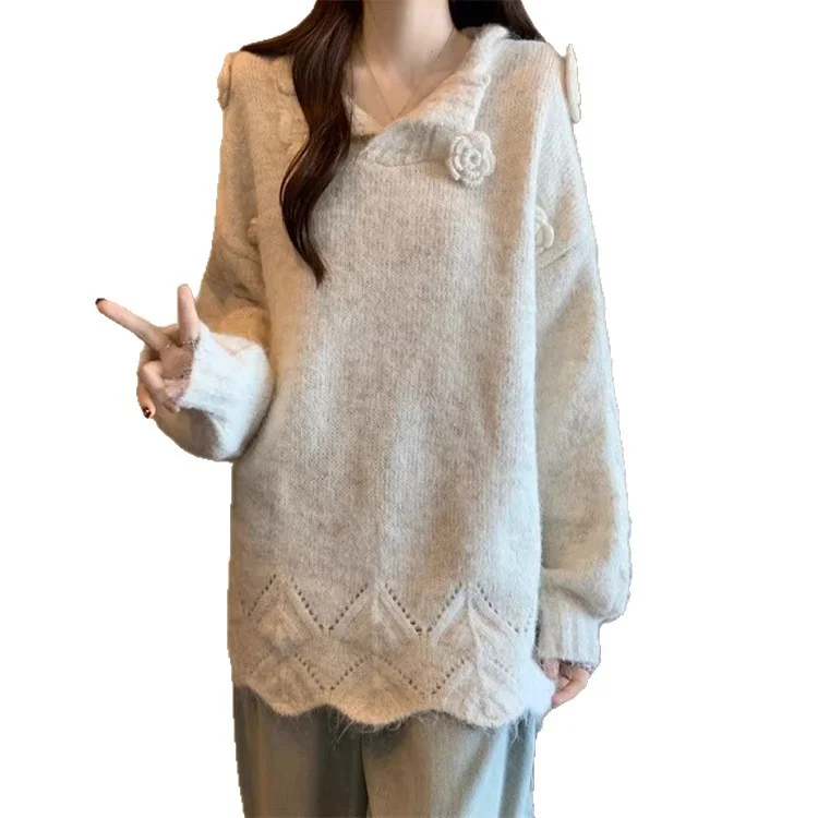 Athvotar Athvotar Gentle Wind Flower Design Set Sweater Women's Autumn And Winter New Lazy Wind Loose Knitted Shirt Top