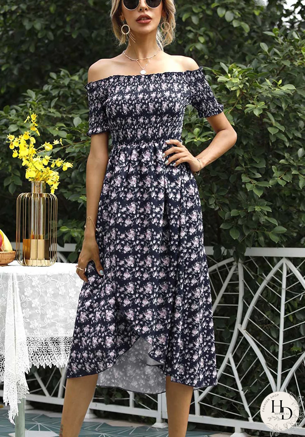 Elegant Floral Split Joint Off the Shoulder A Line Dresses