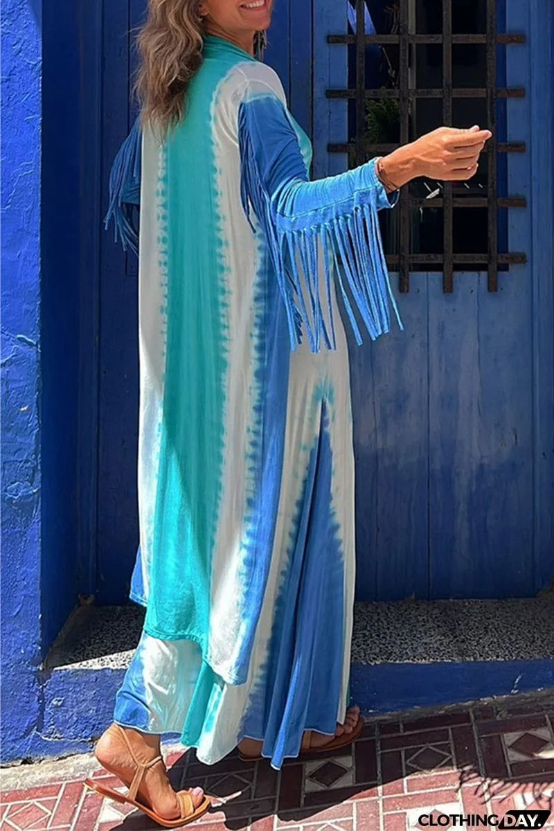 Casual Geometric Print Tassel Cardigan Collar Outerwear