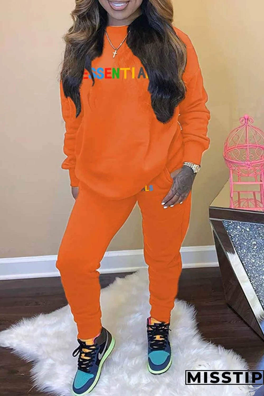 Black Casual Print Letter O Neck Long Sleeve Two Pieces