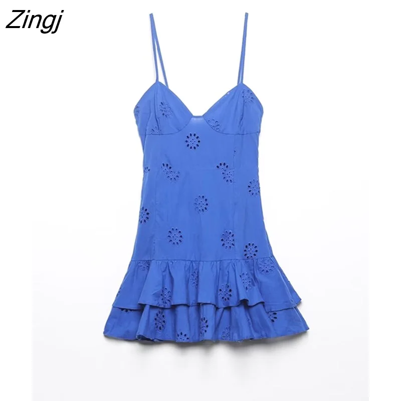 Zingj Women Fashion V Neck Hollow Out Embroidery Hem Cascading Ruffles Sling Mini Dress Female Side Zipper Slim Vestidos DS1813