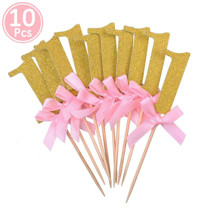 First Birthday Girl Party 10pcs Gold Pink Paper 1 Cupcake Toppers 1st Birthday Decorations Baby Boy Kids Table Supplies