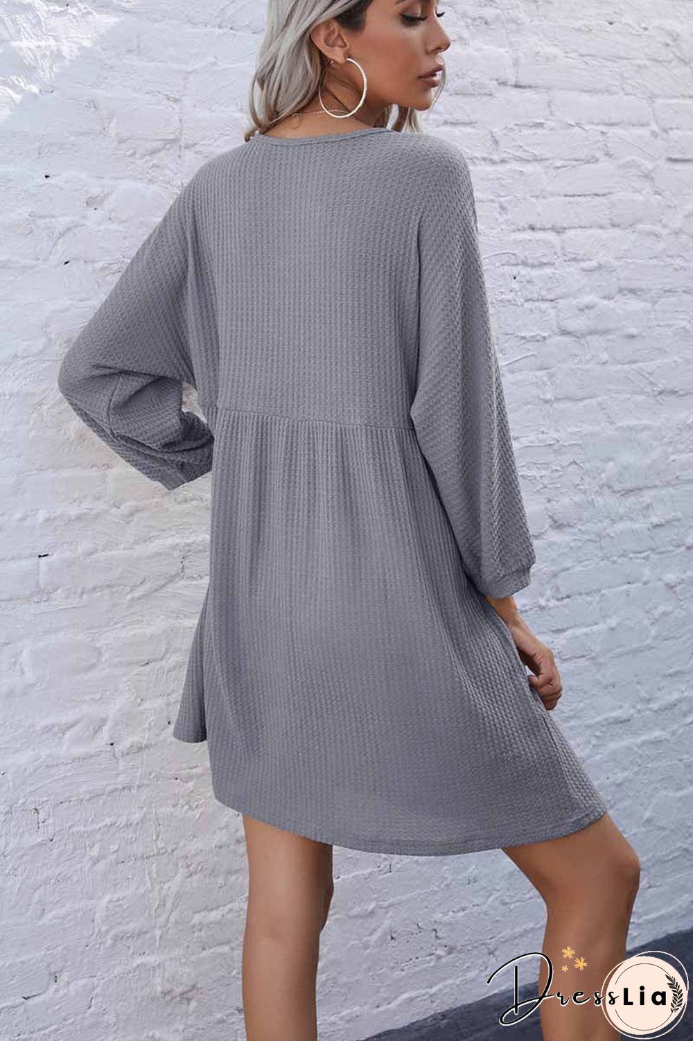 V-Neck Buttoned Loose Knit Hem Mini Dresses