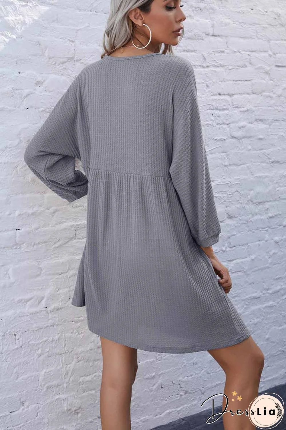 V-Neck Buttoned Loose Knit Hem Mini Dresses
