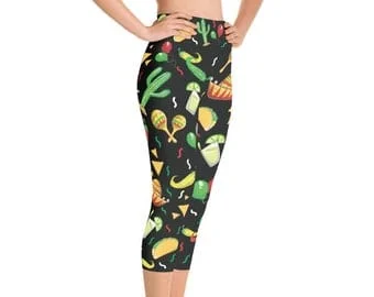 pornhint Pornhint Waist High Yoga Capri Leggings for Women, Cinco de Mayo Leggings, Fiesta Design, Custom Print Handmade