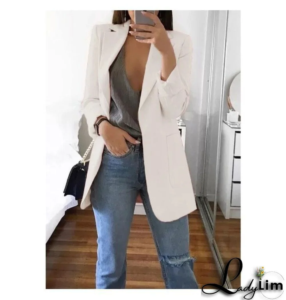 Fall Winter Solid Color Turndown Collar Slim Cardigan Chic Blazer