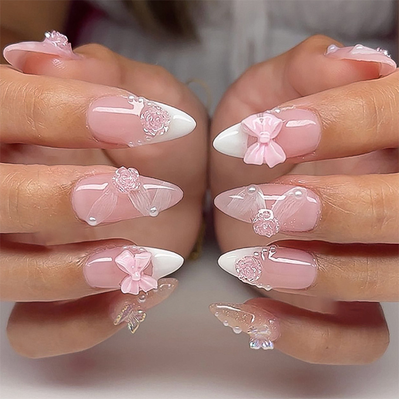 Bonushus French Cow Pattern Press On Nails – Cute Summer Nails with Pink Bow Decor  