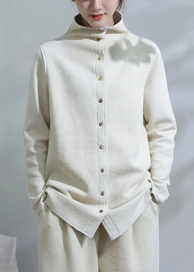 Unique White Stand Collar Button Patchwork Cotton Coats Fall