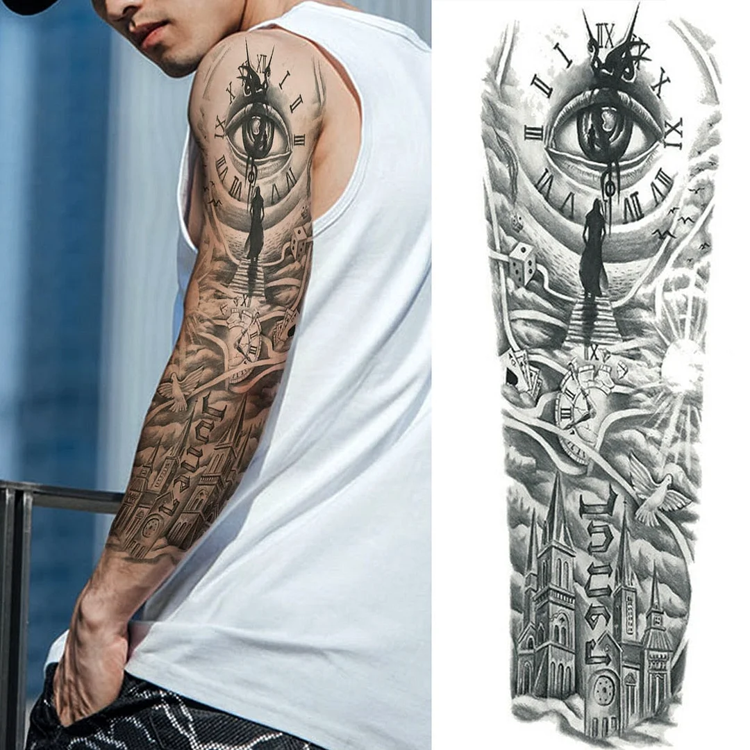 Sexy Long Full Arm Rose Clock Temporary Tattoos For Men Women Tatoo Body Leg Art Makeup Large Tiger Flower Fake Tattoo Stickers