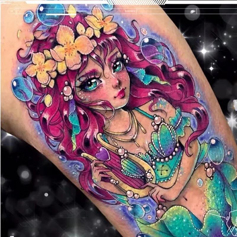Sdrawing Temporary Tattoo Sticker Anime Cartoon Cute Pink Hair Girl Flower Necklace Fake Tatto Flash Tatoo Art for Women Men