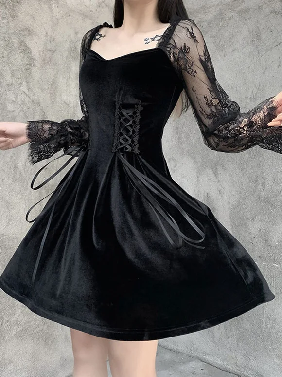 Women Gothic Dress Velvet Lace Long Sleeves Little Black Dress Novameme