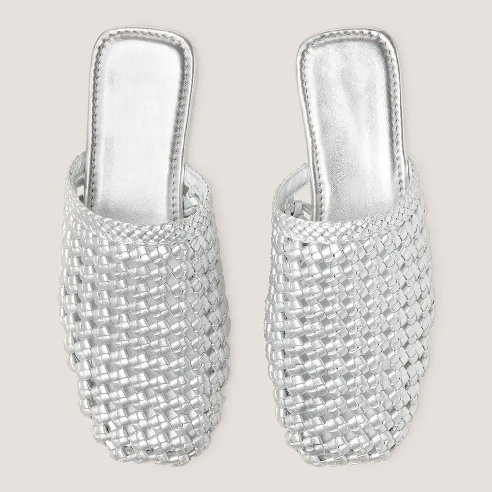 Silver Woven Square Toe Slip On Flat Mule Shoes for Women