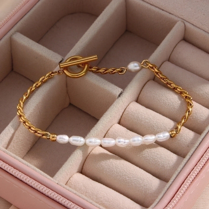 Elegant Geometric Stainless Steel Plating Artificial Pearls Gold Plated Bracelets