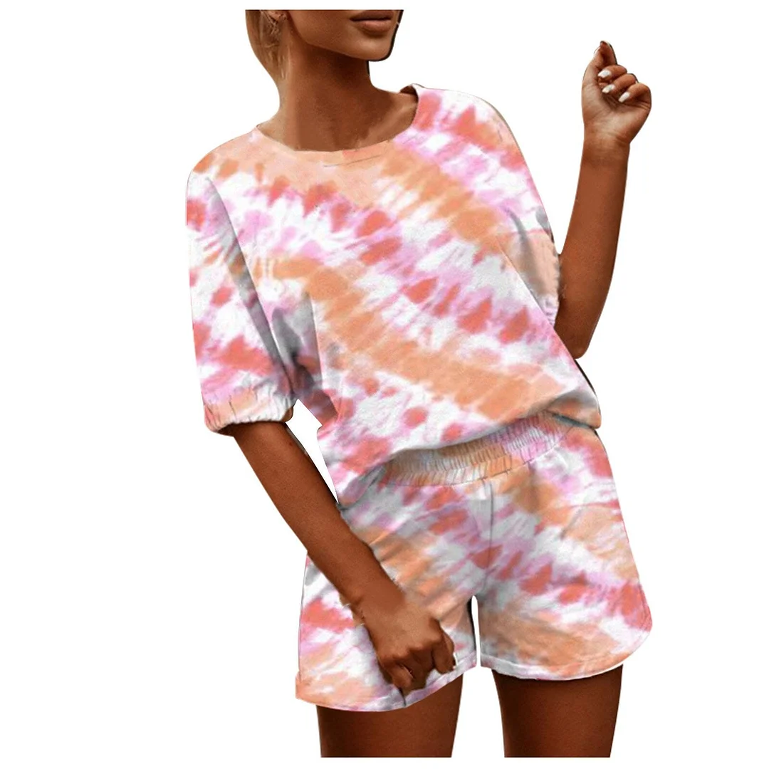 Tie-dye Gradient Pajama Sets Women's Short-sleeved Loungewear Set Homewear Ensemble Pyjama Femme Shorts Set Women Pajama