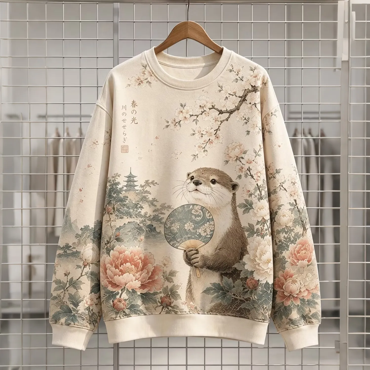 Men's Cherry Blossom Peony Otter Holding Fan Japanese Pagoda Landscape Art Print Casual Sweatshirt  artssus