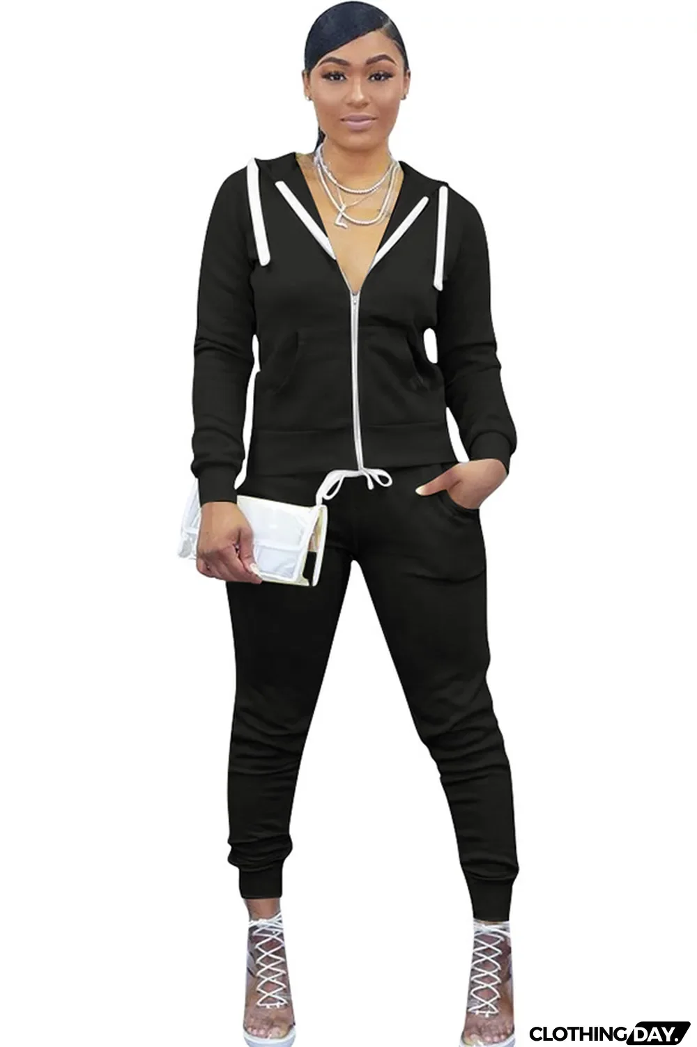 Black Polyester Casual Two Piece Suits Solid Patchwork pencil Long Sleeve Two-piece Pants Set