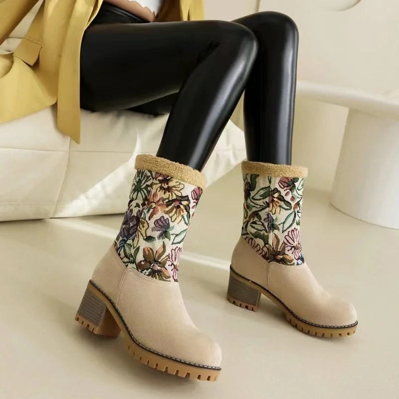 Breakj Breakj Autumn And Winter New Snow Boots Flowers Scrub Coarse And Medium Boots Two Thick 43 Large Size To Keep Warm Cotton Boots