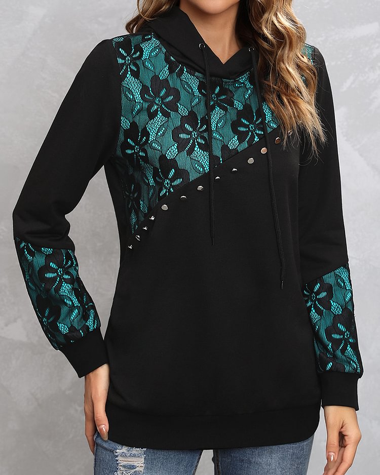 Blue Black Sexy Velvet Lace Panel Polyester Long Sleeve Top