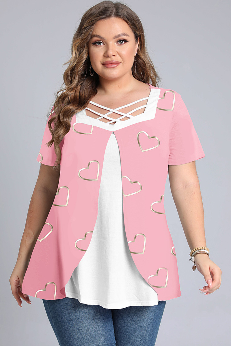 Plus Size Valentine'S Day Pink Heart Print Cross Strap Short Sleeve Blouse