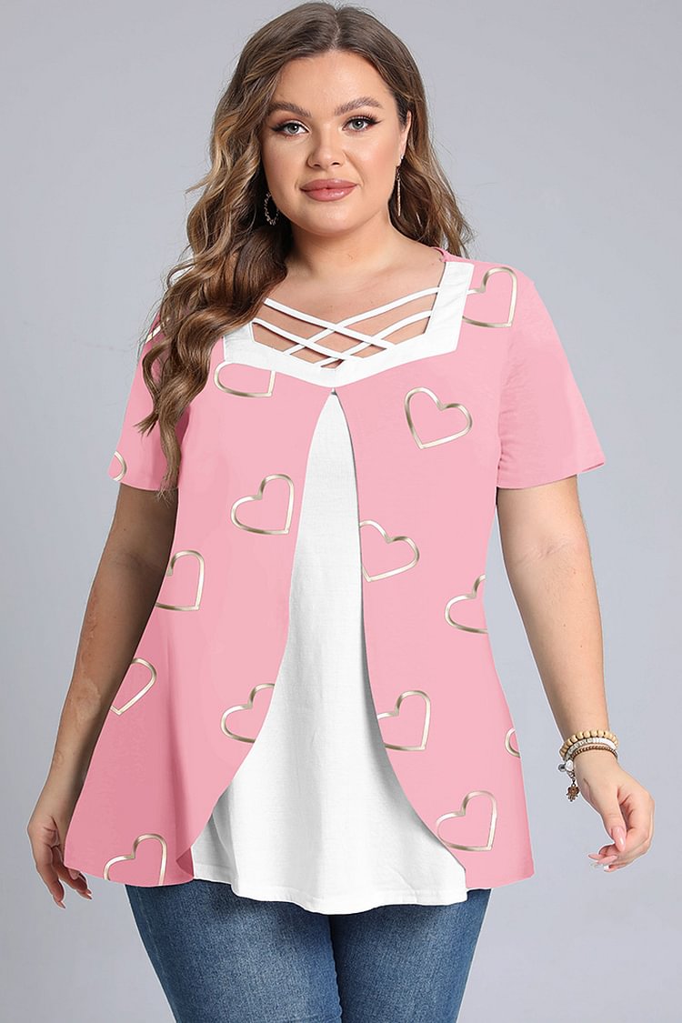 Plus Size Valentine'S Day Pink Heart Print Cross Strap Short Sleeve Blouse  Flycurvy [product_label]