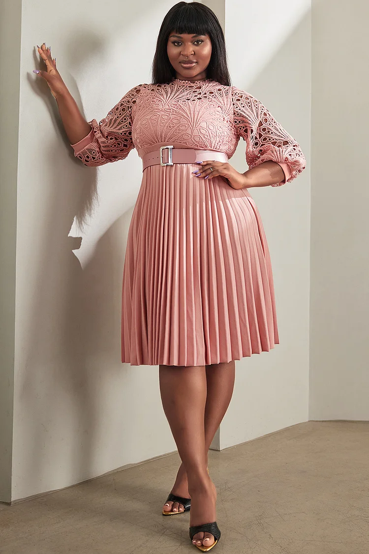 Xpluswear Design Plus Size Daily Midi Dresses Elegant Pink Crew Neck Lantern Sleeve Half Sleeve Pleated Lace Midi Dresses [Pre-Order]