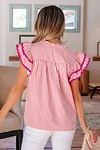 Women's Elegant Rose Stripe Shirred Yoke Ruffled Short Sleeve Blouse Top
