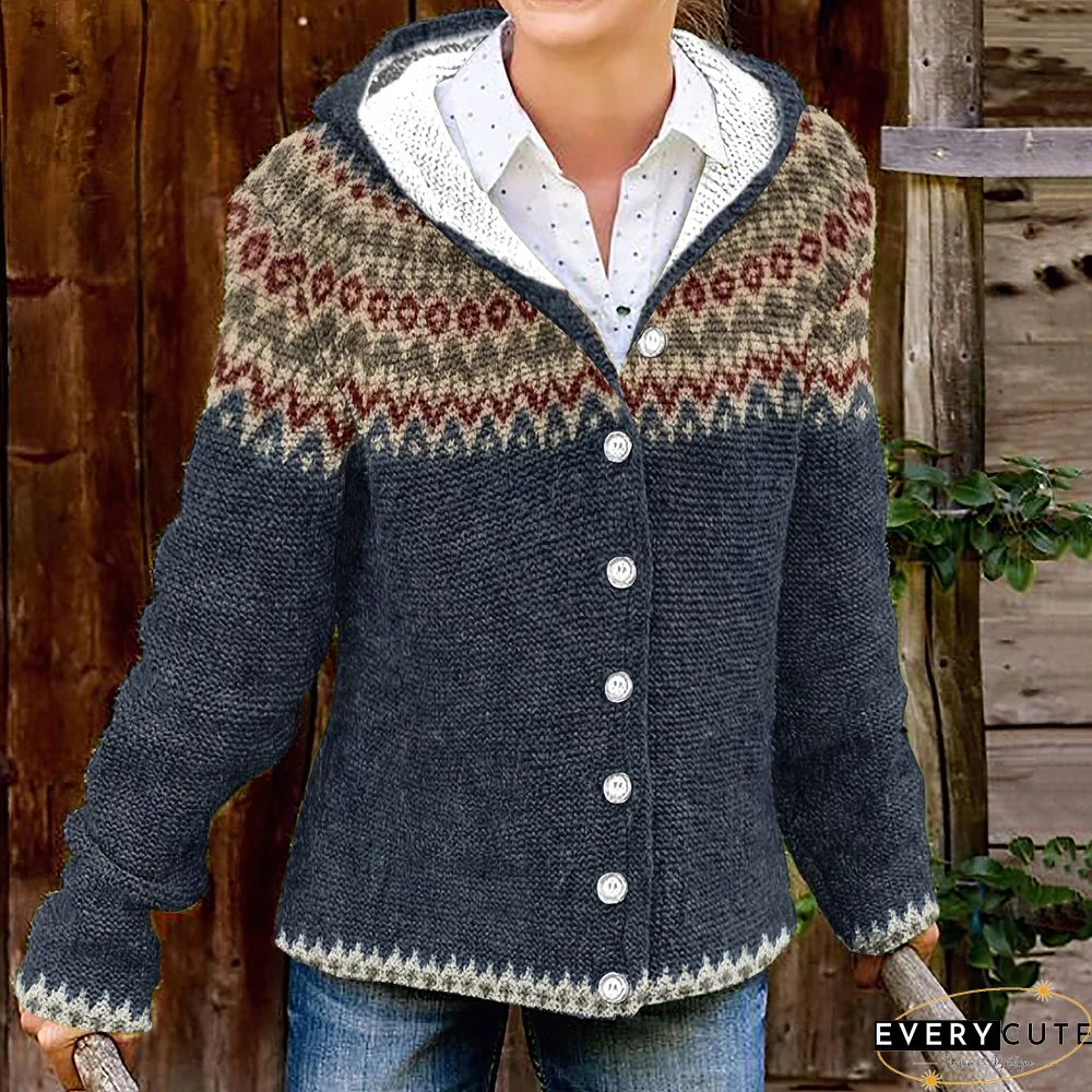 Vintage Contrast Print Hooded Button Knit Cardigan