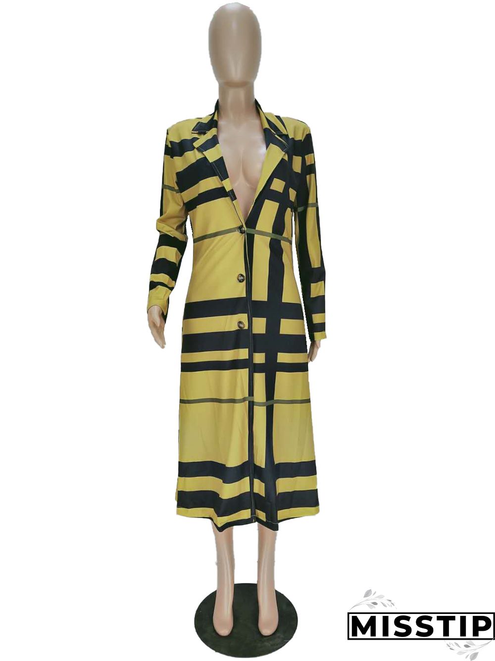 Women's Plaid Print Long-sleeved Lapel Long Coat