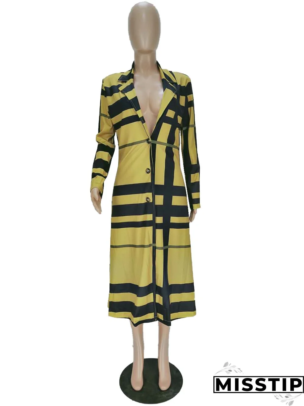 Women's Plaid Print Long-sleeved Lapel Long Coat