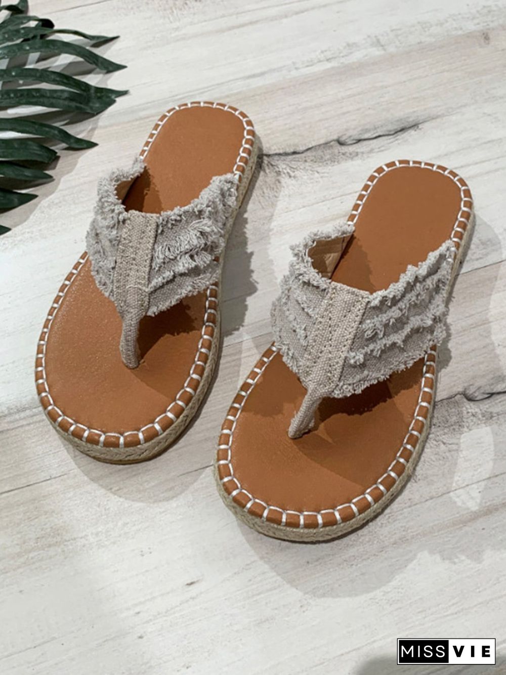 Distressed Denim Fringe Straw Bottom Flip Flops
