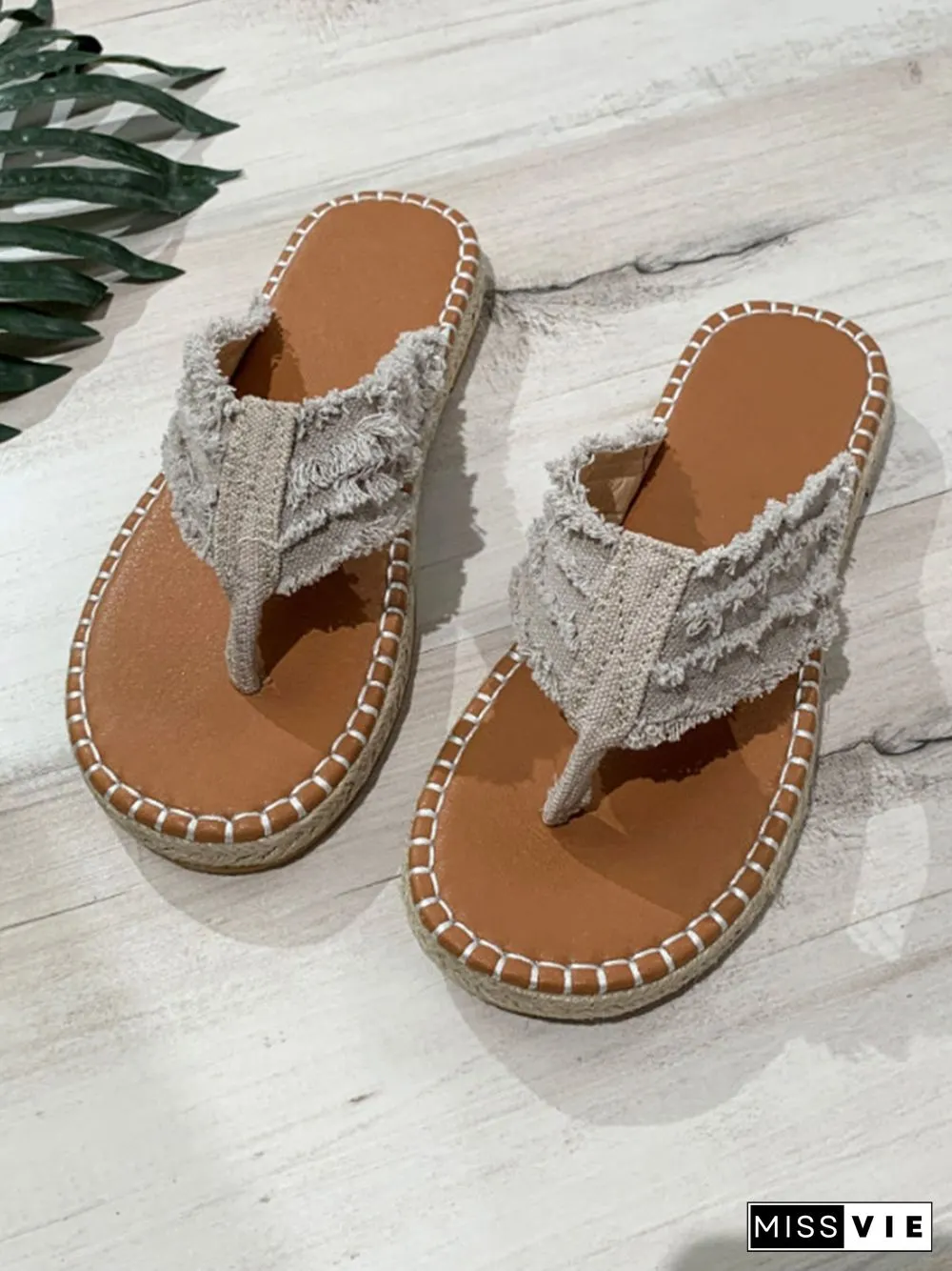 Distressed Denim Fringe Straw Bottom Flip Flops