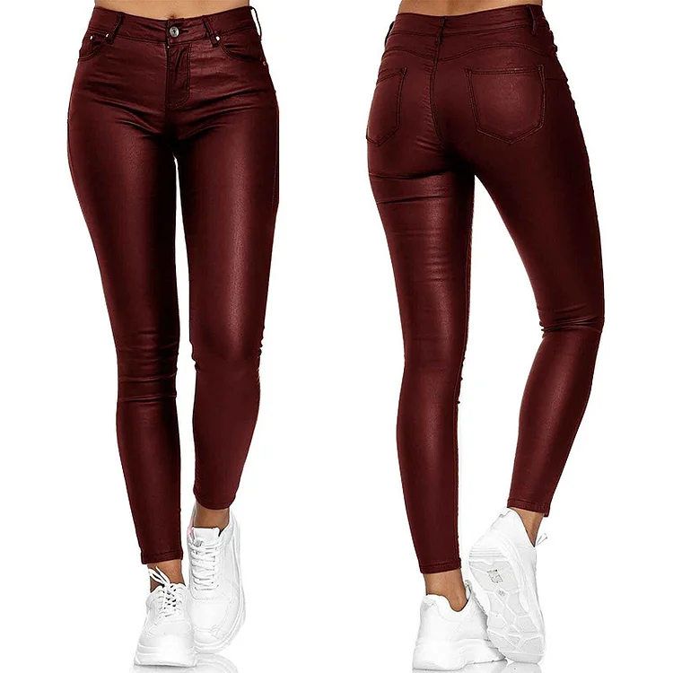  PU Leather Stretch Bodycon Trousers High Waist Long Casual Pencil Pants 