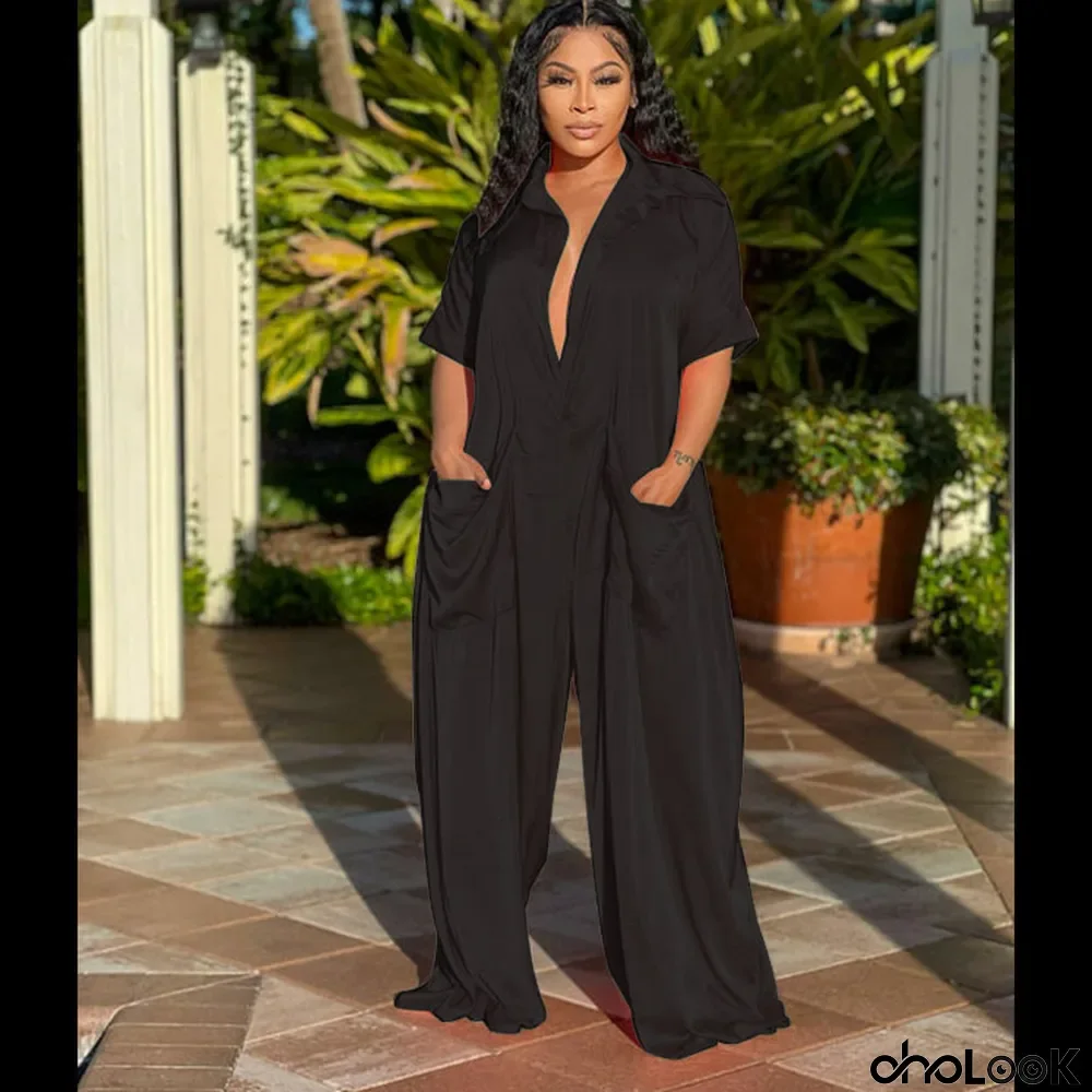 Women Summer Short Sleeve Loose Jumpsuit