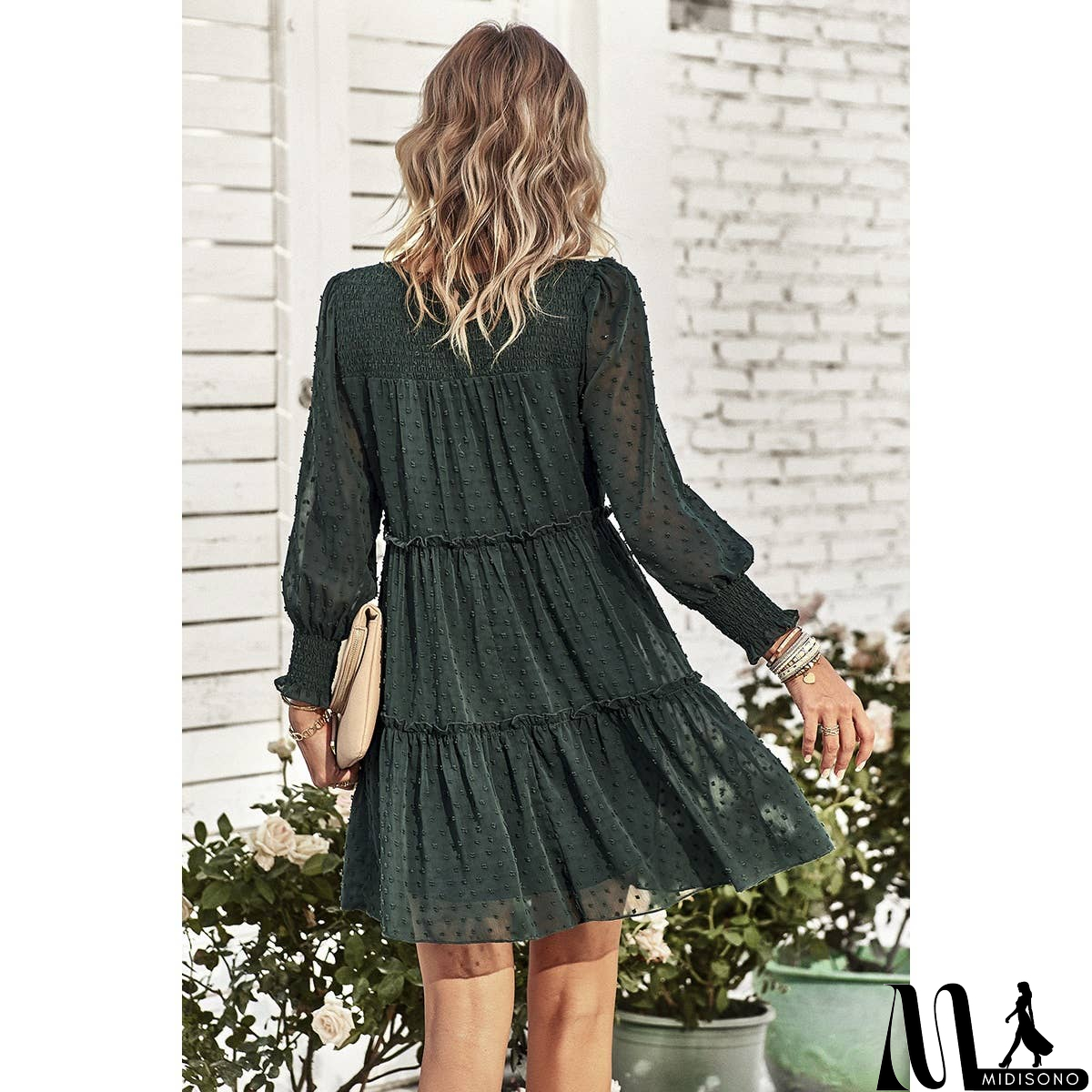 MidiSono - Dot Solid Ruched Color Block Ruffle Lined Midi Dress