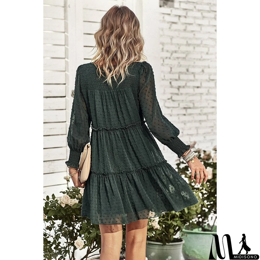 MidiSono - Dot Solid Ruched Color Block Ruffle Lined Midi Dress