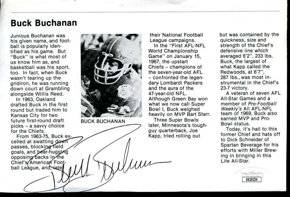 Buck Buchanan JSA Coa Hand Signed 5x7 Page Cut Autograph