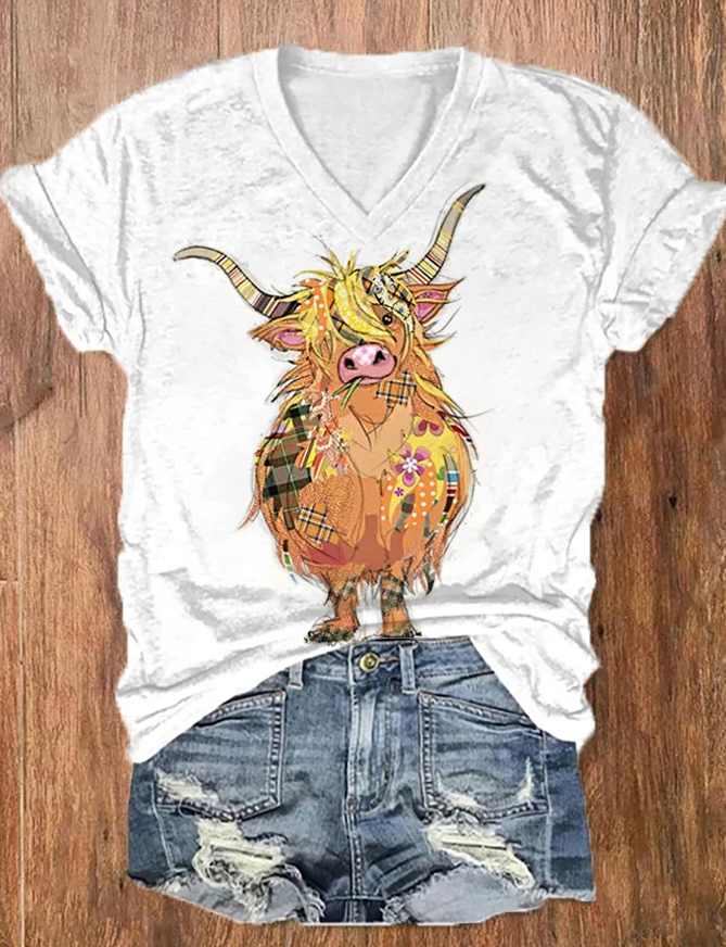 Women's Cute Floral Highland Cow Print Casual V-Neck Tee