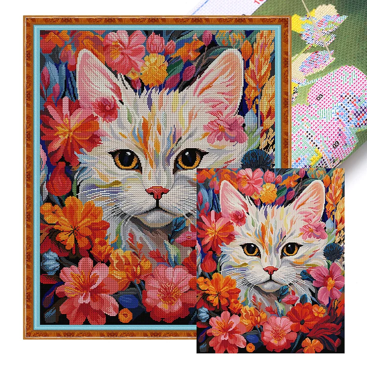 Joy Sunday Cat In Flowers 14CT Stamped Cross Stitch 51*63CM