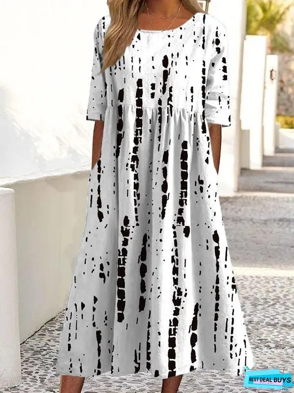 Casual Round Neck Pocket Print Short Sleeve Dress