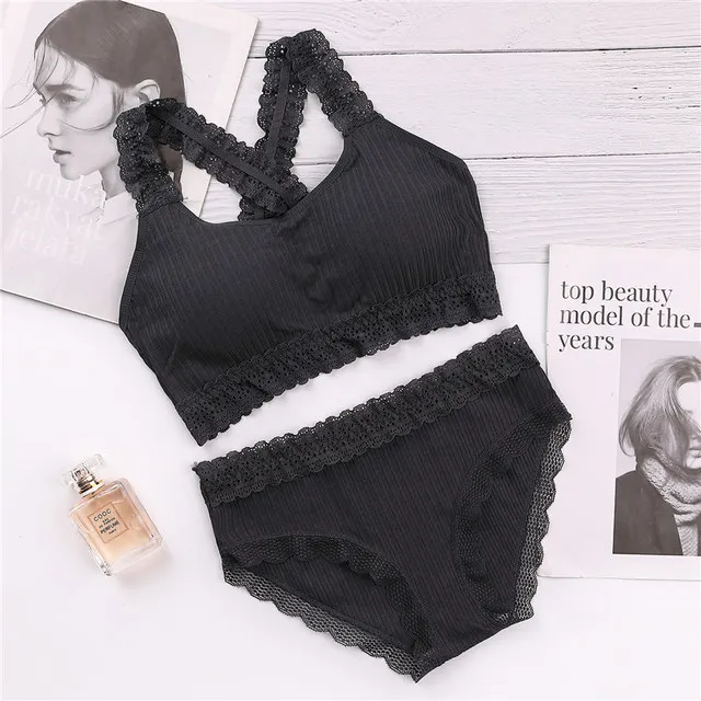 Billionm New Lace Breast Wrap Set Sross Straps Push Up Wireless Bra Comfortable breathable Underwear Panties For Women