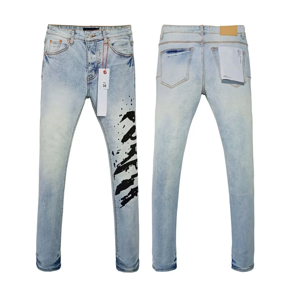 Wimaskel New Purples jeans American high street Retro wash hole patch trend straight Stylish low raise Elastic Skinny jeans brand pants