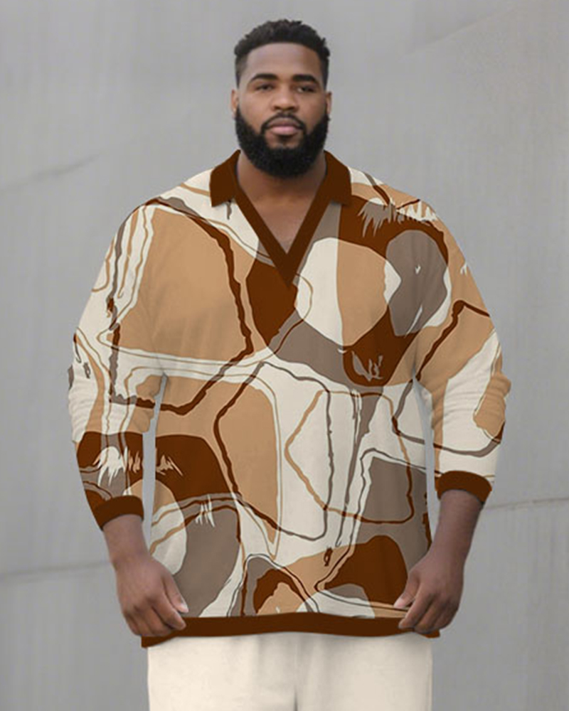 Big & Tall Men's Brown Geometric Print POLO V-Neck Long Sleeve Pants Two-Piece Set