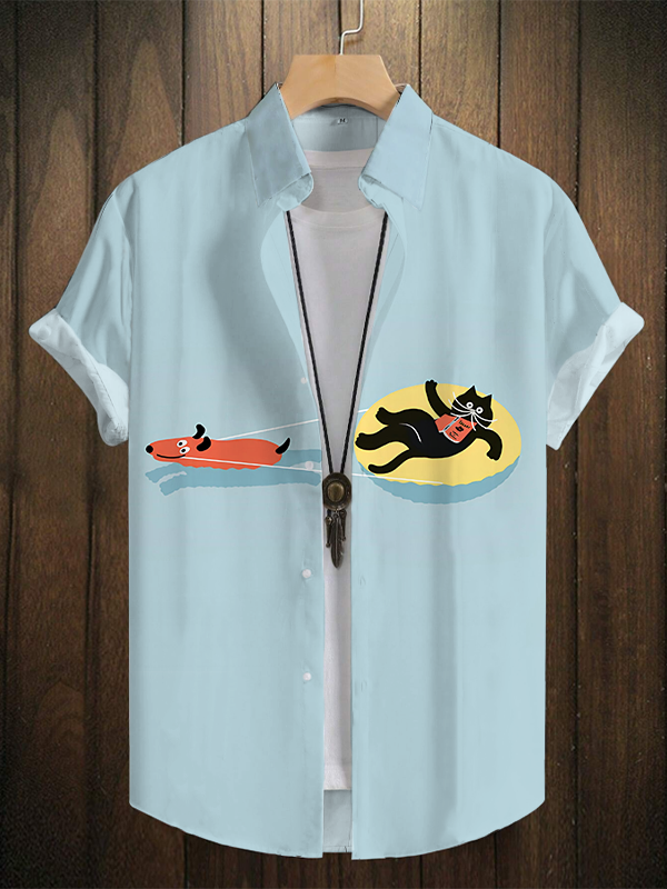 Men's Dachshund Black Cat Swimming Resort Art Print Short Sleeve Shirt