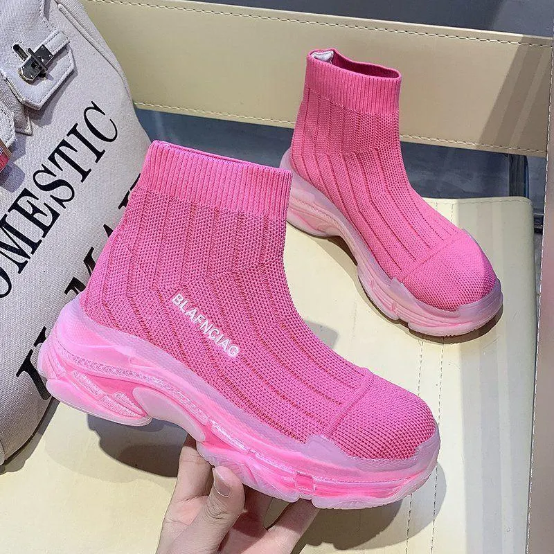 Fashion Women Boots Summer High Top Slip-on Breathable Socks Shoes Fashion Women's Chunky Sneakers Pink Green Sport Shoes