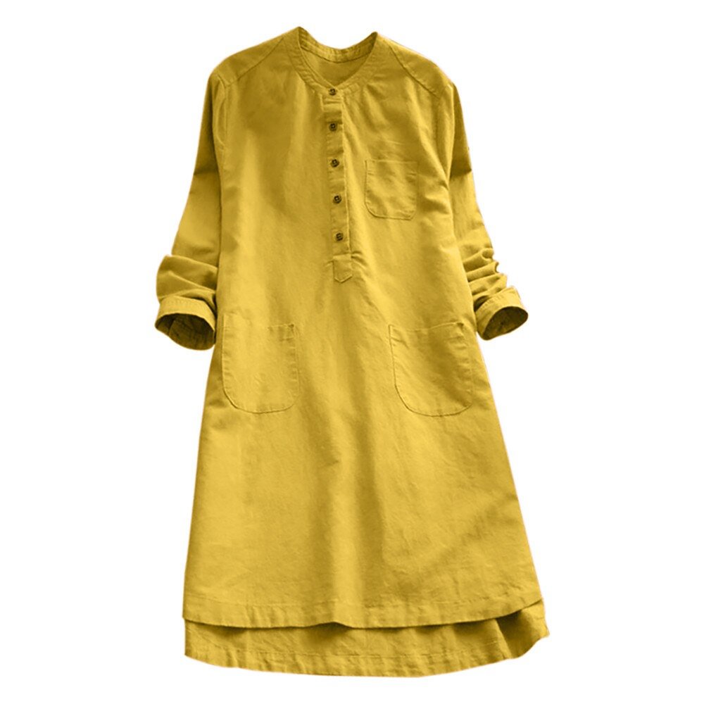 Women Summer White Dress O Neck Solid Mid-Calf Button Party Loose Long Sleeve Dresses Linen Summer Dress 2021 Vestidos De Verano