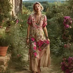 Vintage Boho Ethnic Floral Women's Linen V-neck Short Sleeve Maxi Dress - Image 3